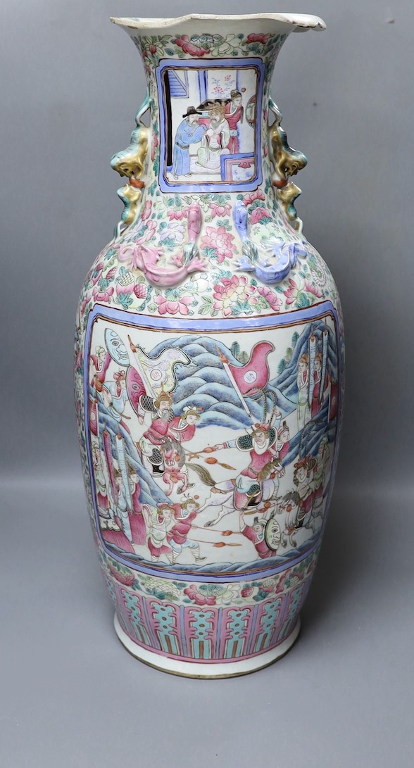 A large Chinese famille rose 'warrior's' vase, 19th century. Neck a.f. 62cm